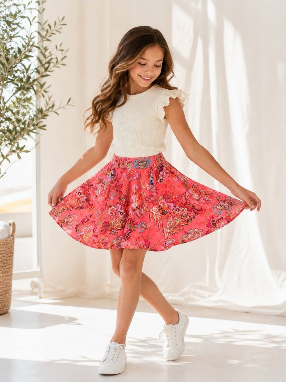 A Loves A Girls Coral Multi Floral Print Cotton Skirt Size M 9-10 NWT